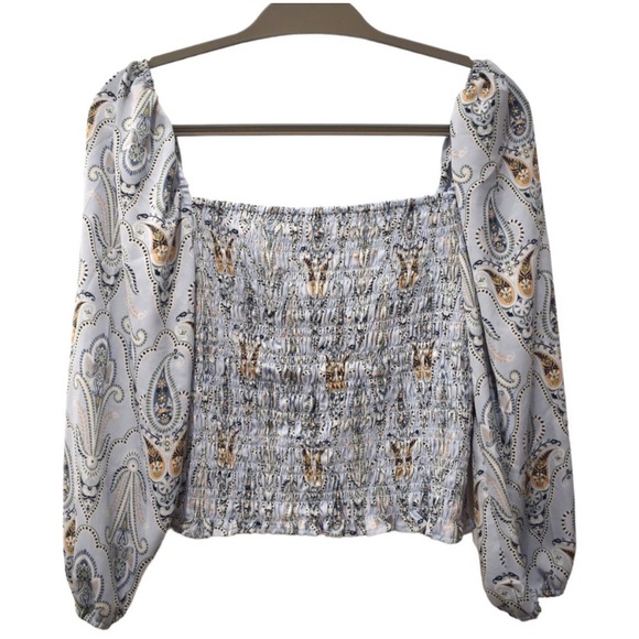 O'Neill Womens Blouse Smocked Square Neck Ballon Sleeves Baby Blue Paisley Print - Picture 1 of 4